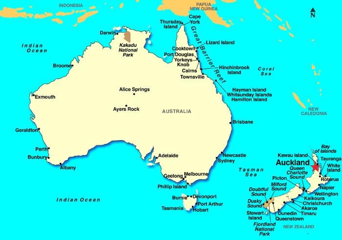 Auckland in de kaart van de wereld